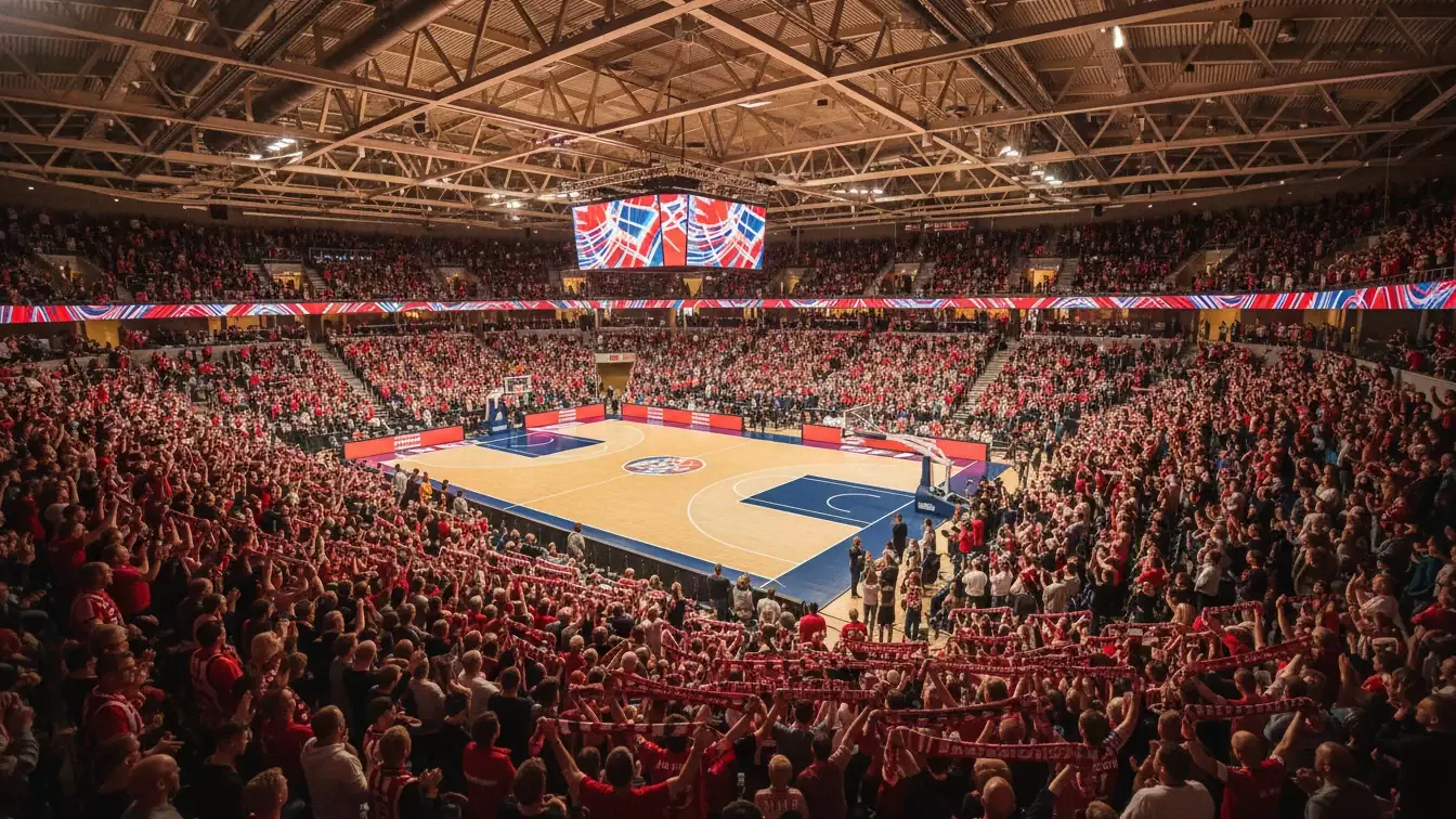 Sparekassen Danmark Arena fyldt med entusiastiske Aalborg Håndbold fans i rødt og hvidt under en hjemmekamp