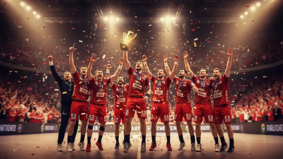 Aalborg Håndbold spillere fejrer sejr i Sparekassen Danmark Arena med jublende fans i baggrunden