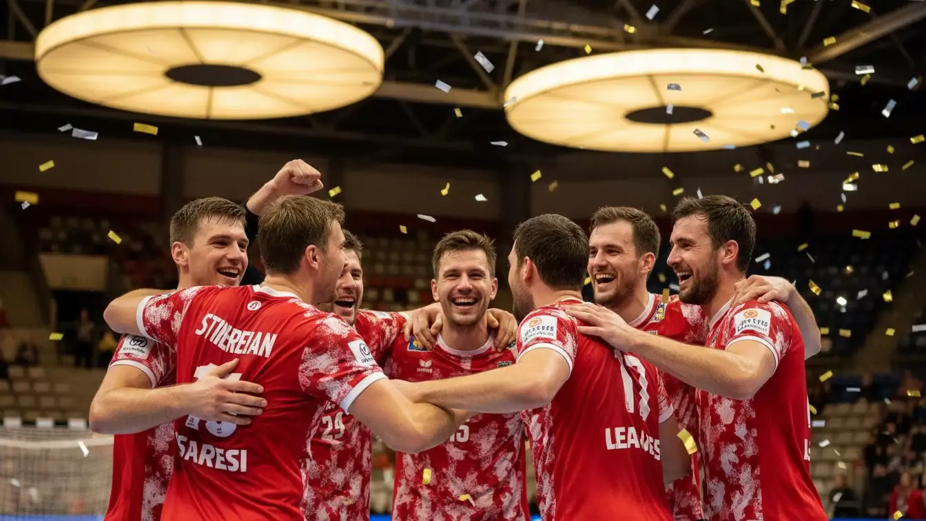 Aalborg Håndbold spillere fejrer en sejr sammen på banen
