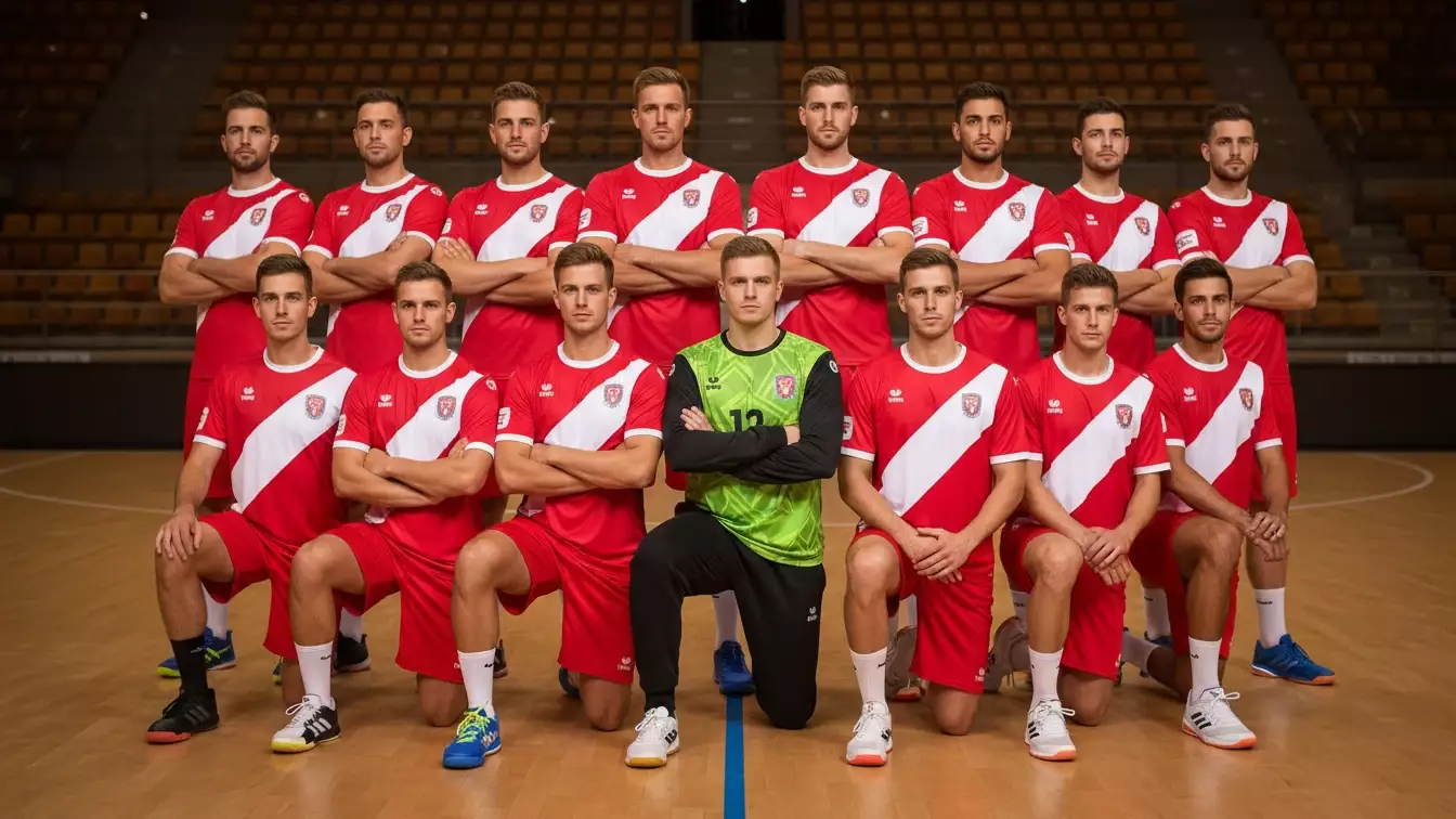Aalborg Håndbold spillertrup samlet til holdpræsentation i røde og hvide klubtrøjer
