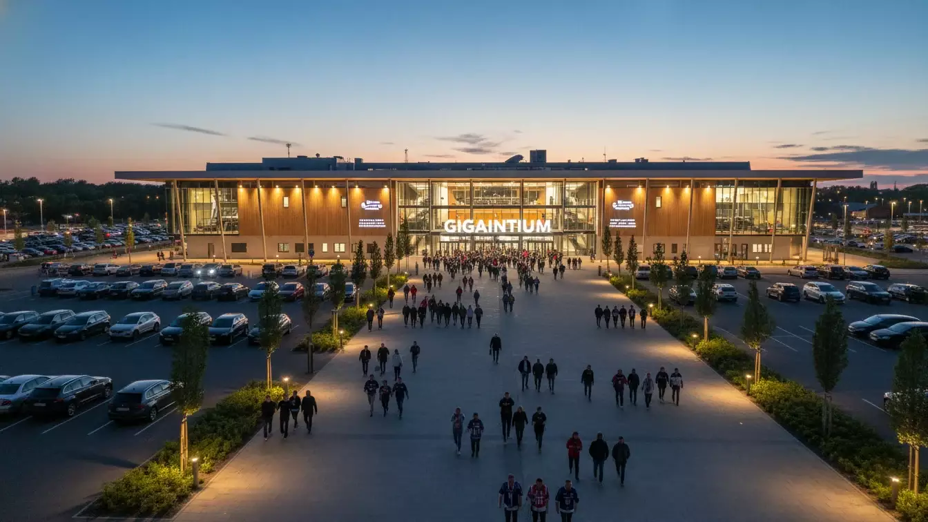 Gigantium komplekset og Sparekassen Danmark Arena set udefra ved ankomst